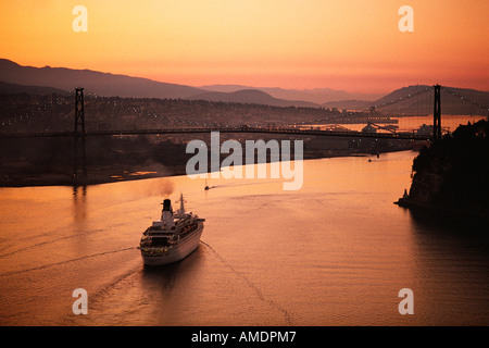 Cruise Ship and Lion's Gate Bridge at Sunset, Vancouver British Columbia, Canada Stock Photo