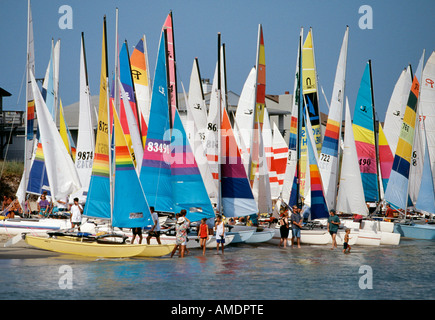 VA Virginia Beach Sailboats launch from Chick s Beach on Chesapeake Bay for Low Rent Regatta Stock Photo