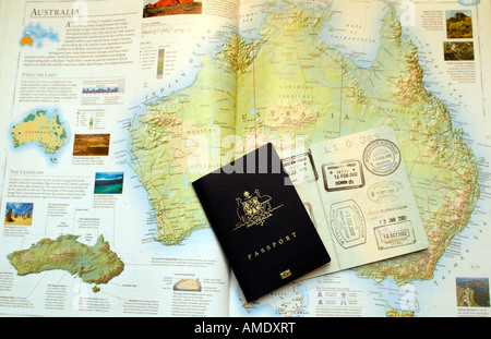 Australian Passport with Visa rubber Stamps New Version and Map of Australia Stock Photo