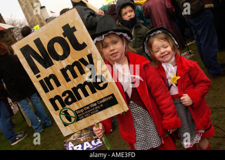 Two young girls in Welsh costume at an anti Iraq war protest in Swansea South Wales UK Stock Photo