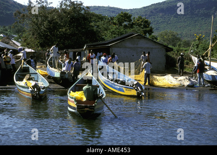 Luo fishing boats on the shore near a fishing village on Mfangano ...
