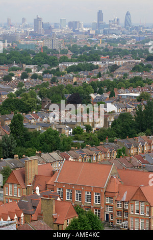 View of London with office blocks of the City of London in the background seen from Forest Hill estate, London, UK.