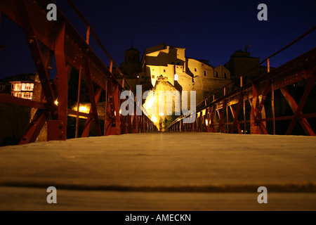 View from the footbridge at night in Cuenca, Spain. Stock Photo