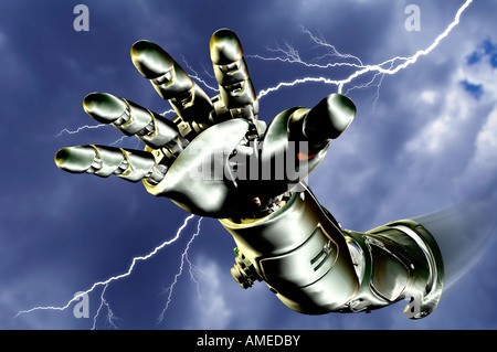 computer generated 3D robotic arm reaching down from stormy sky Stock Photo