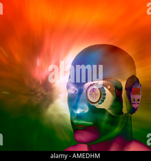 futuristic 3D computer generated bionic male alien head on background ...