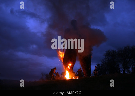 Burning of the Wicker Man ceremony at Archaeolink in Aberdeenshire, Scotland, Uk Stock Photo
