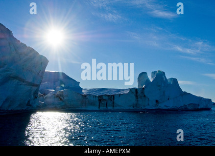 Huge blue icebergs stranded on Icefjeldsbanken Disko Bay Ilulissat or Jacobshavn Greenland World heritage site Stock Photo