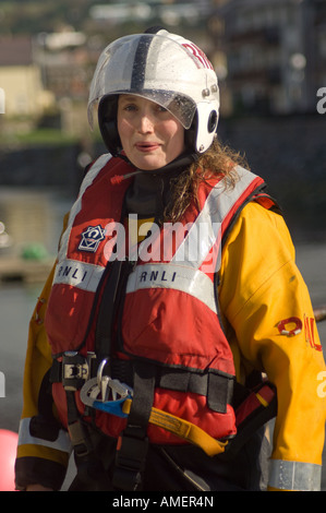 RNLI inshore rescue service lifeboat Aberystwyth female crew member Gemma Bell Stock Photo