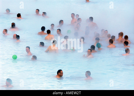 Crowds of tourists in the fumes of Blue Lagoon Iceland Stock Photo