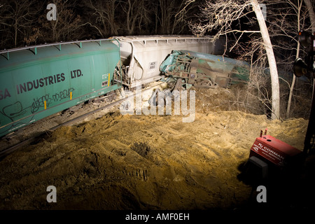 Nighttime railroad derailment aftermath - New England Central Railroad (NECR) Stock Photo