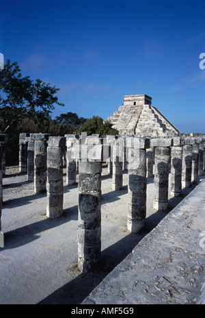 Plaza of The Thousand Columns and Kukulkan Pyramid Chichen Itza. Mexico Stock Photo