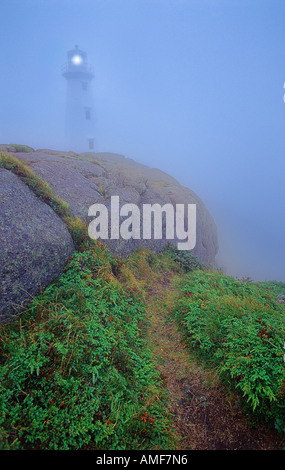 Lighthouse at Cape Spear in Fog, Newfoundland and Labrador, Canada Stock Photo