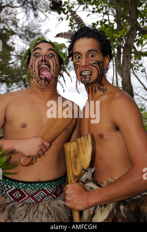 Maori Warriors at the Wairakei Terraces Maori Village near Taupo, North Island, New Zealand. Stock Photo