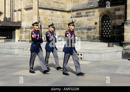 Soldiers marching in grounds of Prague Castle, Prazsky Hrad, Prague, Czech Republic Stock Photo