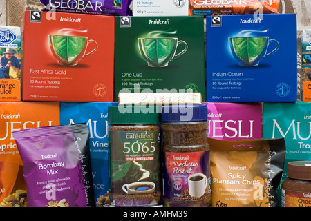 Display of Fairtrade products including tea coffee sugar cereals and ...