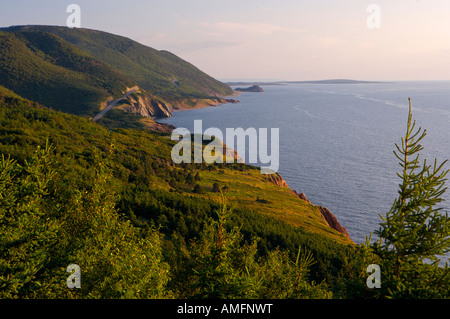 View of the Cabot Trail from the Veterans Monument towards Cheticamp Island, Cape Breton, Nova Scotia, Canada. Stock Photo
