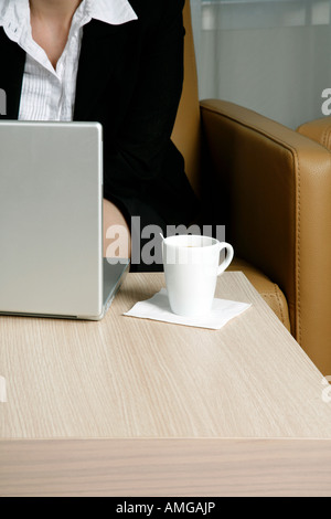 Woman focused on her work using a laptop over a wireless network Stock Photo