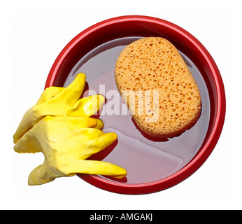 Bucket with sponge and gloves isolated on white birds view Stock Photo