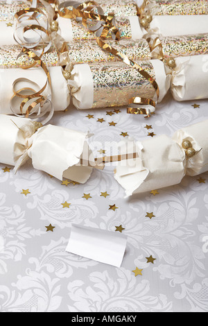 Festive party crackers with a blank note insert your own message Stock Photo