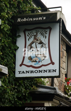 The Tanronnen Inn, Beddgelert, Snowdonia, Gwynedd, North Wales, UK. The pub sign at the Tanronnen Inn tells the legend of Gelert Stock Photo