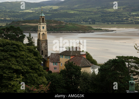 The Italianate village of Portmeirion on the estuary of the Afon Dwyryd, Tremadog Bay, North Wales, UK Stock Photo