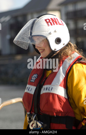 RNLI inshore lifeboat  rescue service Aberystwyth female crew member Gemma Bell, Wales UK Stock Photo