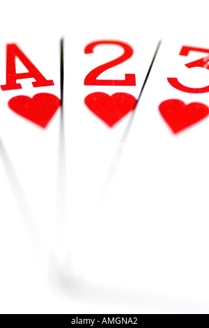 ace one two of hearts playing cards Stock Photo