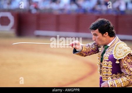 Luis Vilches, Spanish bullfighter, about to stab a bull. Stock Photo