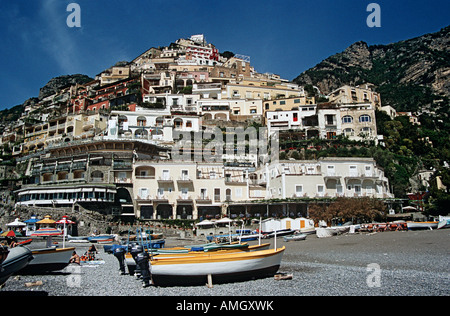 Houses built on hillside, Positano, Amalfi Coast, Campania, Italy Stock Photo