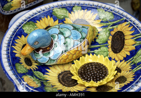 Tuscan glazed pottery on sale in San Gimignano Italy Stock Photo