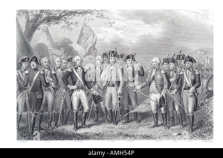 british surrender arms general washington 1781 Lincoln De Lauzun La Fayette Cornwallis Ohara Chewton Continental Army Kingdom Gr Stock Photo