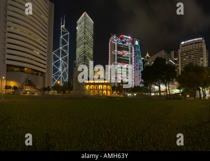 A night-time panorama of the area around the Cenotaph and Statue Square, Hong Kong, China. Stock Photo