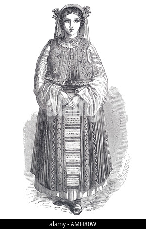 wallachian peasant girl female woman  embroidered hat stand full length posed outdoor Wallachia Romanian Rumania eastern Europe Stock Photo