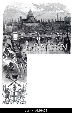 1880 London title page saint st Paul’s frontispiece coat arms traffic title bridge mace sword skyline tower embankment river tha Stock Photo