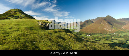 Panoramic view from the path to Cat Bells looking west towards Causey Pike and Knott Rigg, Lake District Stock Photo