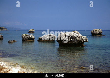 Rock formations near beach at Skala, Kephalonia Stock Photo