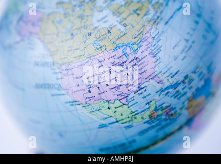 Detailed close-up of United states of America highlighted on a vintage globe Stock Photo