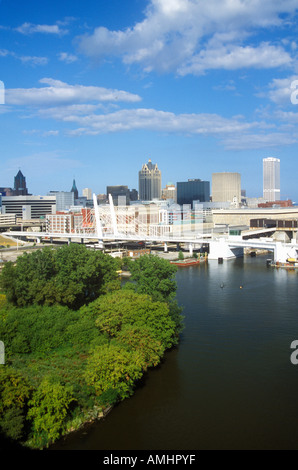 Milwaukee skyline with Menomonee River in foreground WI Stock Photo