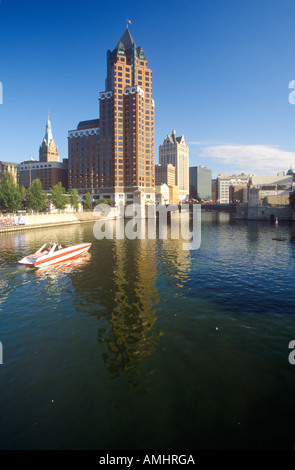 Milwaukee skyline with Menomonee River in foreground WI Stock Photo