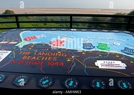 Orientation table at Normandy American cemetery in Colleville Sur Mer France with Omaha beach in the background Stock Photo