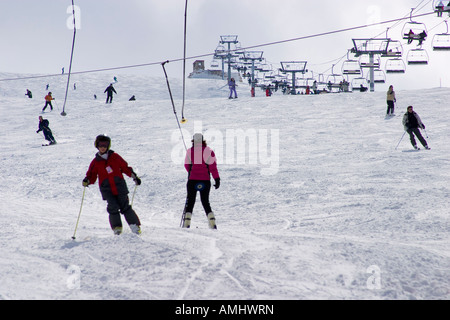 Skiers in Mzaar ski resort Faraya Lebanon Stock Photo