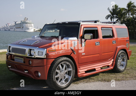Miami Florida,Bicentennial Park,customized Hummer,SUV,vehicle,Biscayne Bay,cruise ships,FL071111073 Stock Photo