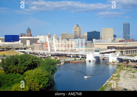 Milwaukee skyline with Menomonee River in foreground WI Stock Photo