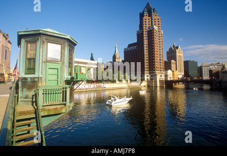 Milwaukee skyline with Menomonee River in foreground WI Stock Photo