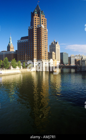 Milwaukee skyline with Menomonee River in foreground WI Stock Photo