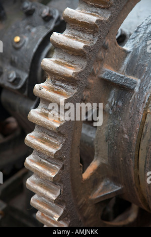 greased old winch gear wheel showing cog teeth Stock Photo