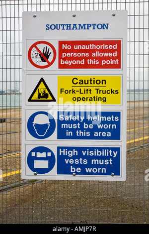 health and safety warning sign at Southampton Docks Stock Photo