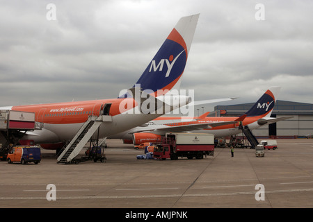A MyTravel planes at the airport in Manchester, Great Britain Stock Photo