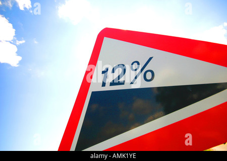 A stock photograph of a Sign warning of a slope in the road ahead Stock Photo