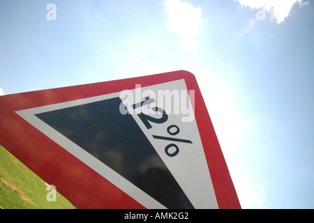 A stock photograph of a Sign warning of a slope in the road ahead Stock Photo